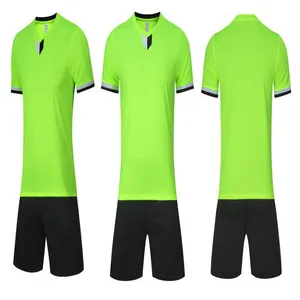 Neon green soccer training uniform set with jersey and shorts from multiple views