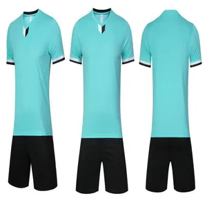 Front, side, and back views of a cyan and black soccer jersey training uniform set.