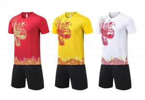 Three color options for quick-dry dragon boat racing uniforms with traditional dragon prints