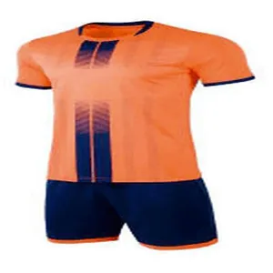 Detailed view of the orange and navy blue soccer jersey set for athletic team training