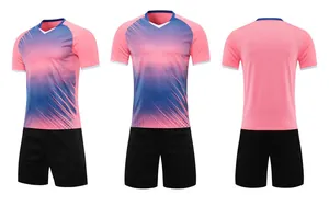 Comprehensive front and back views of pink and blue sublimation soccer jersey and black shorts