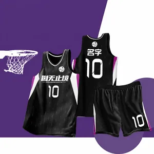 Ensemble maillot de basket noir personnalisable avec numéro 10 et accents violets sportifs
