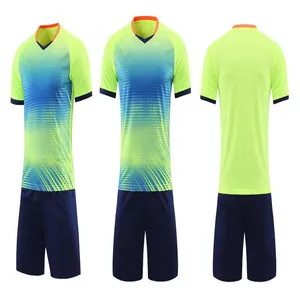 Three views of quick-dry soccer training jersey set with yellow-blue gradient print