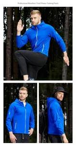 Vues détaillées d'une veste coupe-vent de sport bleue à capuche dans une forêt naturelle