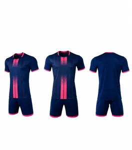 Multi-angle detail view of navy blue soccer uniform set with pink stripe patterns