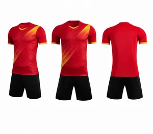 Front, side, and back views of a red quick-dry soccer jersey and shorts training set