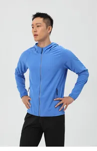 Veste coupe-vent de sport premium bleue légère et respirante à capuche pour homme running