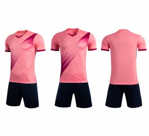 Professional quick-dry soccer uniform set featuring pink patterned jersey and navy shorts