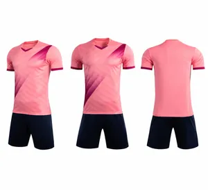 Professional quick-dry soccer uniform set featuring pink patterned jersey and navy shorts