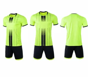Multi-angle display of fluorescent green short-sleeve soccer uniform training set.