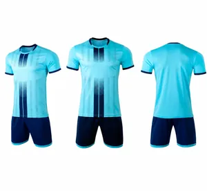 Detailed front, back, and side views of a light blue soccer jersey and shorts set