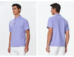 Detailed front and back views of a men's lavender cooling high-stretch athletic polo shirt