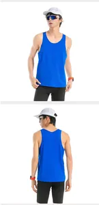 Front and back views of a blue breathable mesh quick-dry marathon running tank top