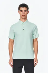 Front view of light mint green men's sports polo shirt with buttoned collar detail