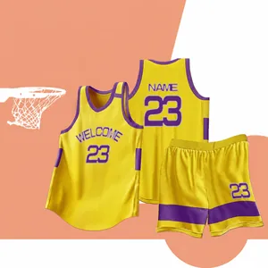 Conjunto de camiseta de baloncesto amarillo y púrpura personalizable con malla transpirable