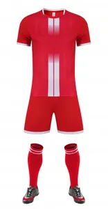 Full red soccer kit including jersey with white stripes, shorts, socks, and cleats