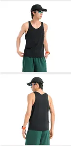 Front and back detail views of a black breathable mesh sports tank top for running and fitness