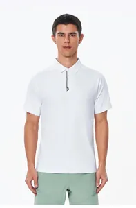 Front view of a white nylon sports polo shirt with high stretch and breathable fabric