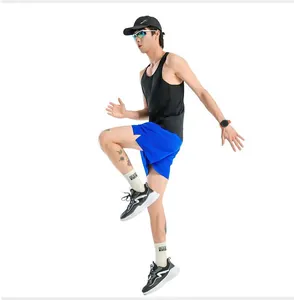 Action detail view of a professional running tank top and moisture-wicking shorts