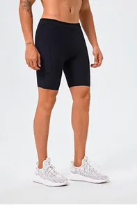 Detail of men's black quick-dry sports compression shorts with a side pocket for running.