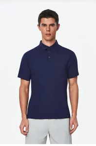 Front view of navy blue athletic polo shirt featuring a classic collar and breathable fabric