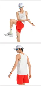 Detail view of the white breathable mesh sports tank top for men in running action