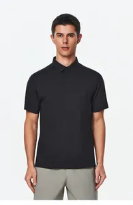 Front view of a men's black short-sleeved sports polo shirt with high-elastic fabric