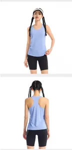 Front and back view of breathable light blue racerback sports tank top for running