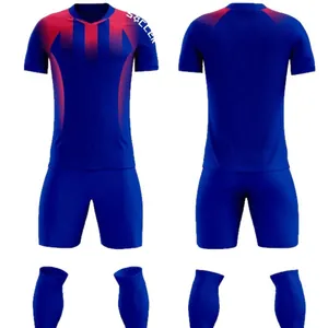 Professional blue and red soccer training uniform set featuring quick-dry jersey and shorts