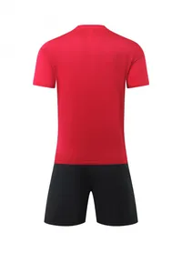 Back view of a red quick-dry short-sleeved sports T-shirt and black shorts set for men.