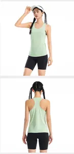 Front and back views of a light green quick-dry racerback sports tank top for women