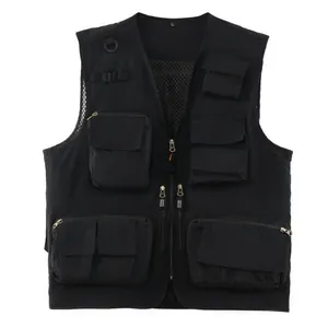 Men's Multi-Pocket Utility Vest Outdoor Fishing Photography Cargo Jacket Mesh Lining V Neck Zip Up Waistcoat Top