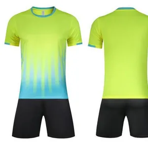 Professional neon yellow soccer jersey with gradient pattern and black shorts set