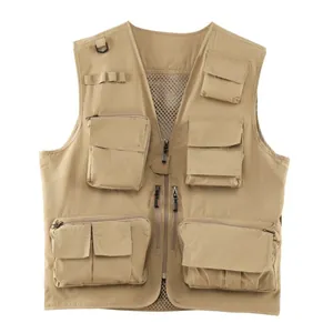 Multi-pocket khaki outdoor vest for fishing and photography