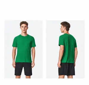 Front and back view of a men's green quick-dry athletic t-shirt on a male model.