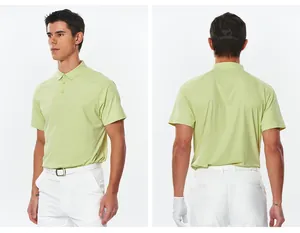 Front and back view of men's lime green short-sleeved athletic Polo shirt with lapel collar
