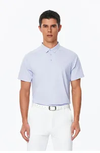 Front view of a men's light purple moisture-wicking sports polo shirt with white pants