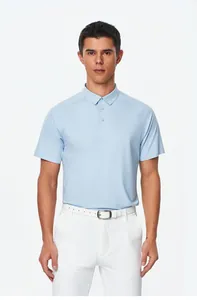 Detail view of a men's light blue short-sleeved athletic polo shirt in soft fabric