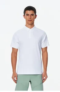 White men's sport polo shirt made of high-stretch, moisture-wicking nylon fabric.