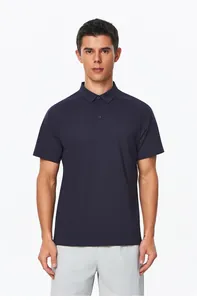 Front view of a men's navy blue short-sleeved polo shirt on a male model.