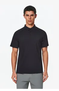 Front view of a men's black performance Polo shirt with high-stretch nylon fabric.