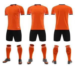 Multiple views of breathable orange and black soccer jersey set with shorts and socks