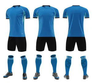 Full blue and black soccer uniform set including jersey, shorts and matching socks.