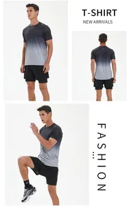 Men's quick-dry sports set with gradient t-shirt and shorts, front, back, and side views.
