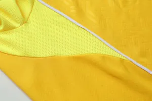 Close-up of breathable mesh and texture on yellow quick-dry soccer jersey detail view.