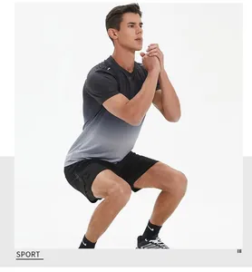 Athletic man performing a squat in a gradient quick-dry sports t-shirt and black shorts.