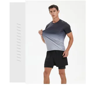 Men's quick-dry sports set showing high elasticity of the gradient T-shirt fabric