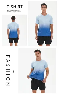Detail view of men's blue gradient quick-dry sports t-shirt and black running shorts.