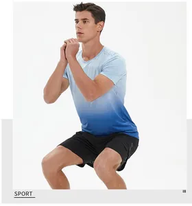 Detail shot of a man in a blue gradient quick-dry T-shirt and black sports shorts.