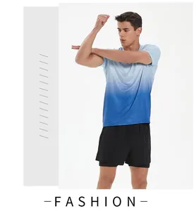 Men's blue gradient quick-dry ice silk sports t-shirt and black shorts set for fitness